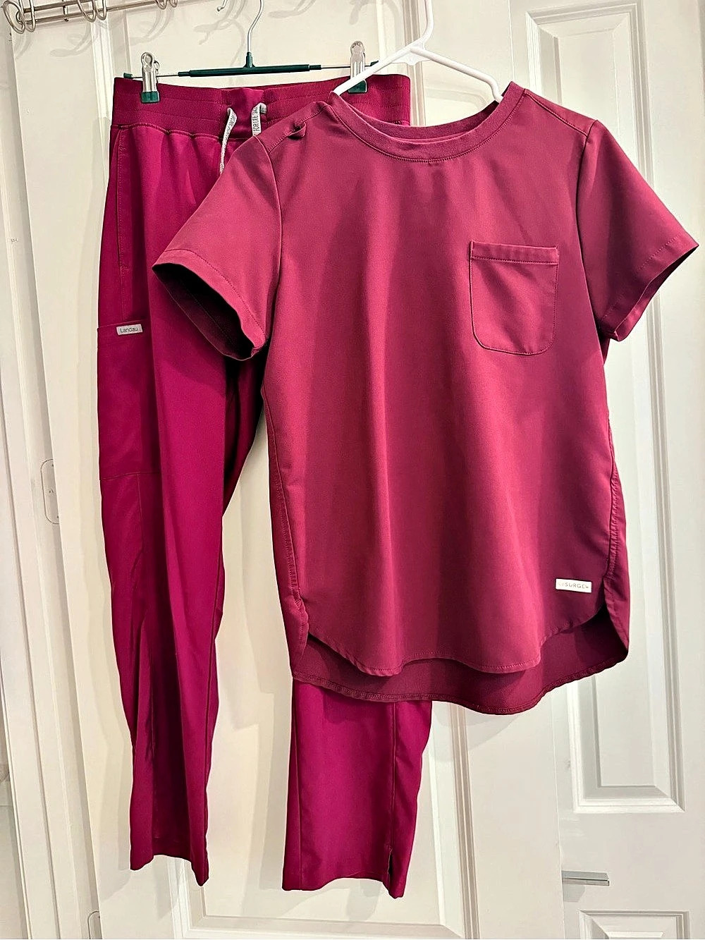 ReSURGE scrub top and Landau straight leg scrub pants Berry color